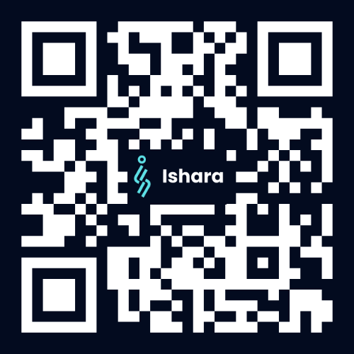 Close-up detail of a QR code built from the Ishara mark