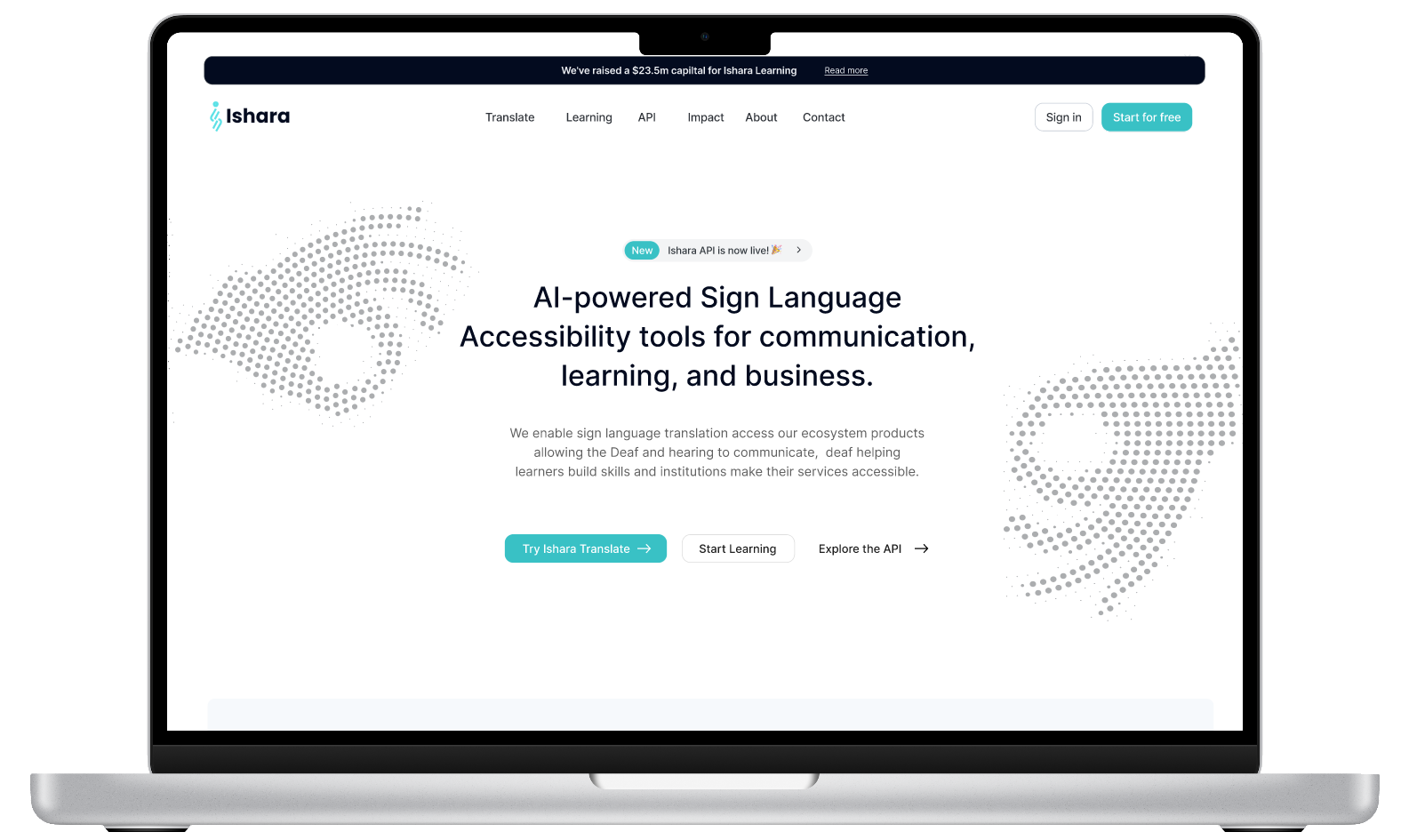 Ishara product website homepage, showing the full brand identity applied to the live platform
